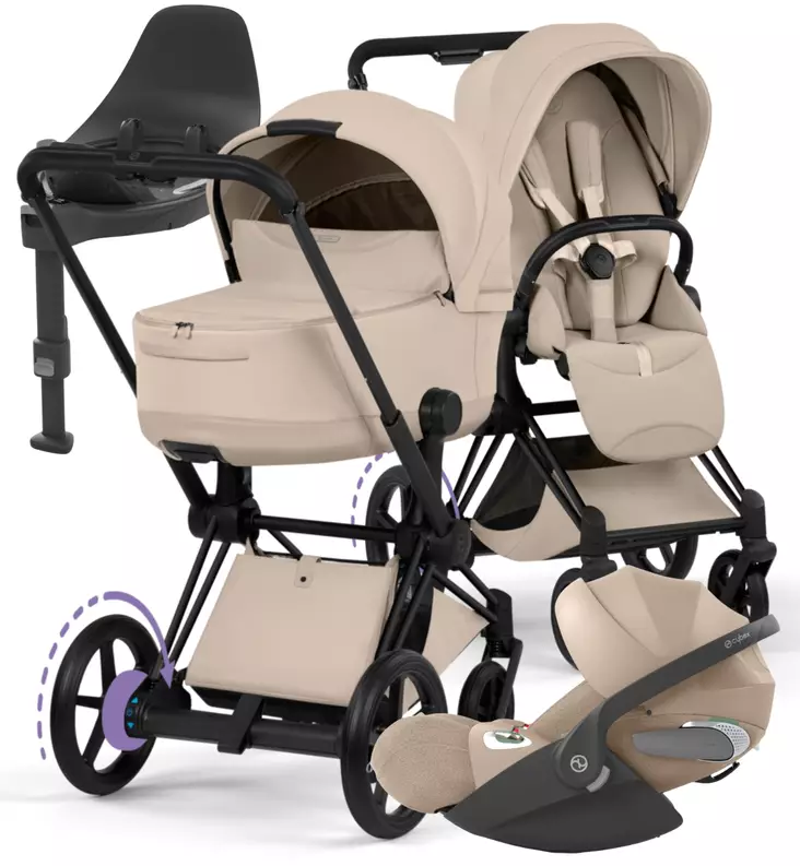 Cybex ePriam Style Sähköavusteiset Lastenvaunut Starttipaketti Cloud T turvakaukalolla ja jalustalla matt black cozy beige wauva - Yhdistelmävaunut - 526000243SPYCB - 1
