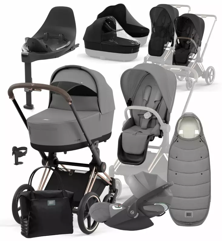 Cybex_Priam4_AllIn_one_Starttipaketti_RoseGold_MirageGrey_CloudT_BaseT_wauva - Yhdistelmävaunut - 521002337-APROGOMI - 1