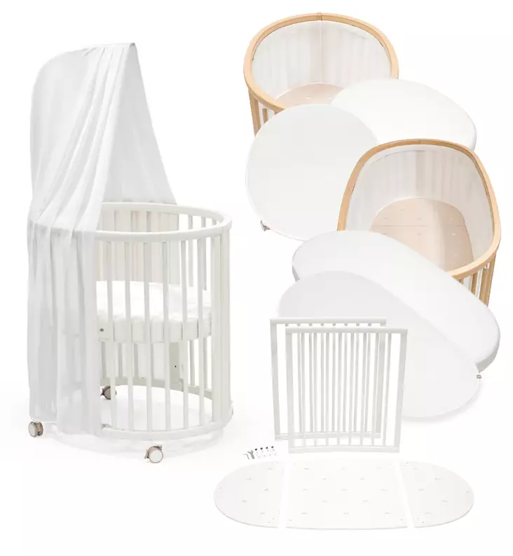Stokke Sleepi Mini V3 Pinnasänky All-in-One Starttipaketti Reunapehmuste, Suojalakana, Muotolakana, Katosverho, Verhotanko, Jatkopalat Wauva White - Pinnasängyt ja kehdot - 591302-PSJ - 1
