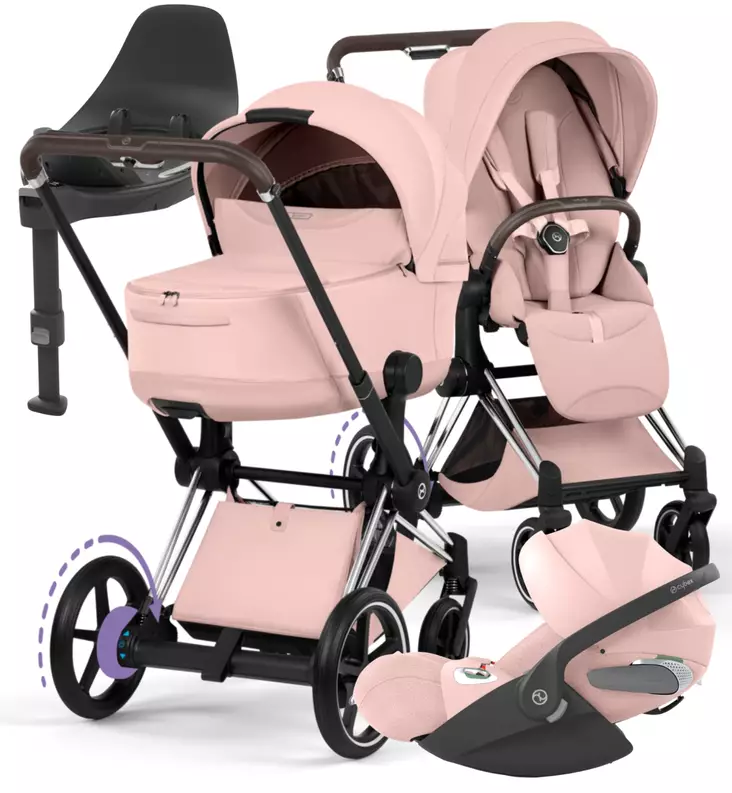 Cybex ePriam Style Sähköavusteiset Lastenvaunut Starttipaketti Cloud T turvakaukalolla ja jalustalla chrome brown peach pink wauva - Yhdistelmävaunut - 526000231SPYPP - 1
