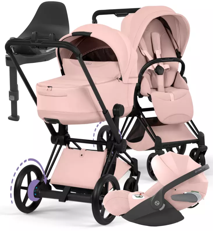 Cybex ePriam Style Sähköavusteiset Lastenvaunut Starttipaketti Cloud T turvakaukalolla ja jalustalla matt black peach pink wauva - Yhdistelmävaunut - 526000243SPYPP - 1